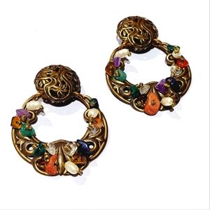 Vintage Designer Marjorie Baer door knocker earring semi precious stone amethyst